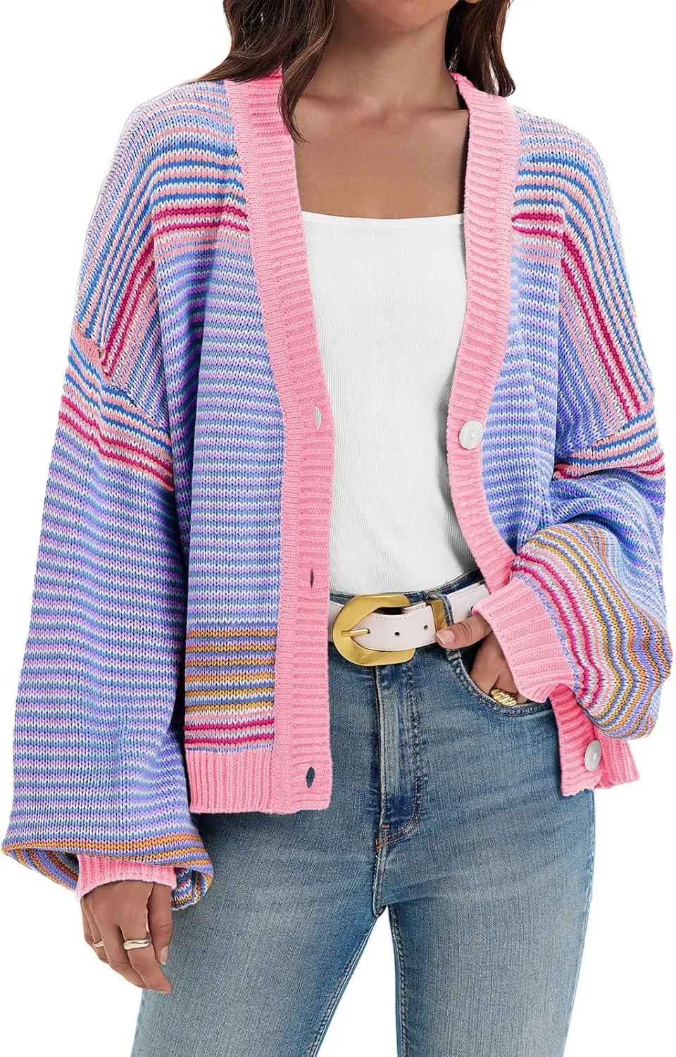 Saodimallsu Womens Striped Cardigan Sweaters Oversized Puff Sleeve Button Up V Neck Color Block Knit Sweater Coat