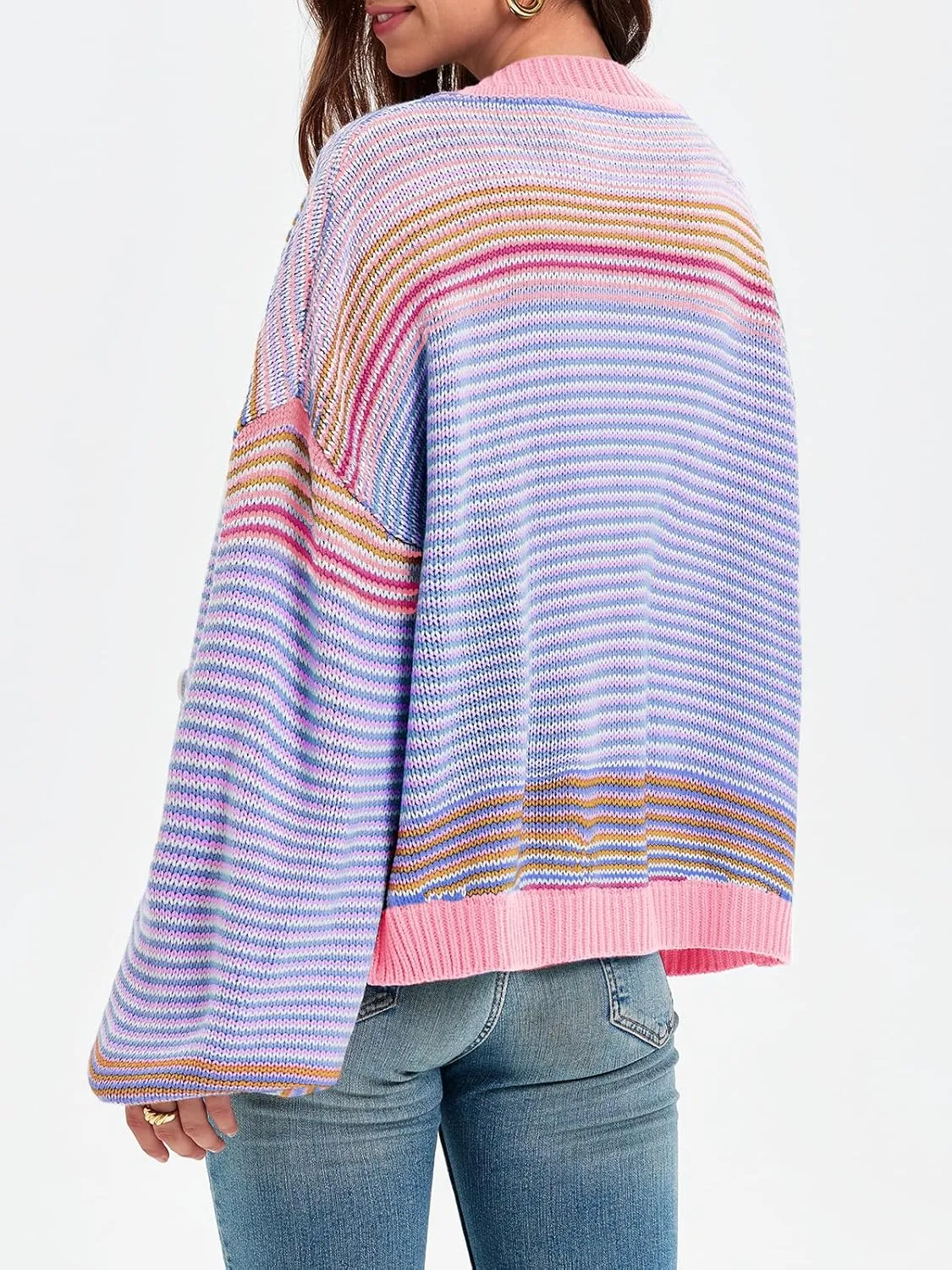 Saodimallsu Womens Striped Cardigan Sweaters Oversized Puff Sleeve Button Up V Neck Color Block Knit Sweater Coat