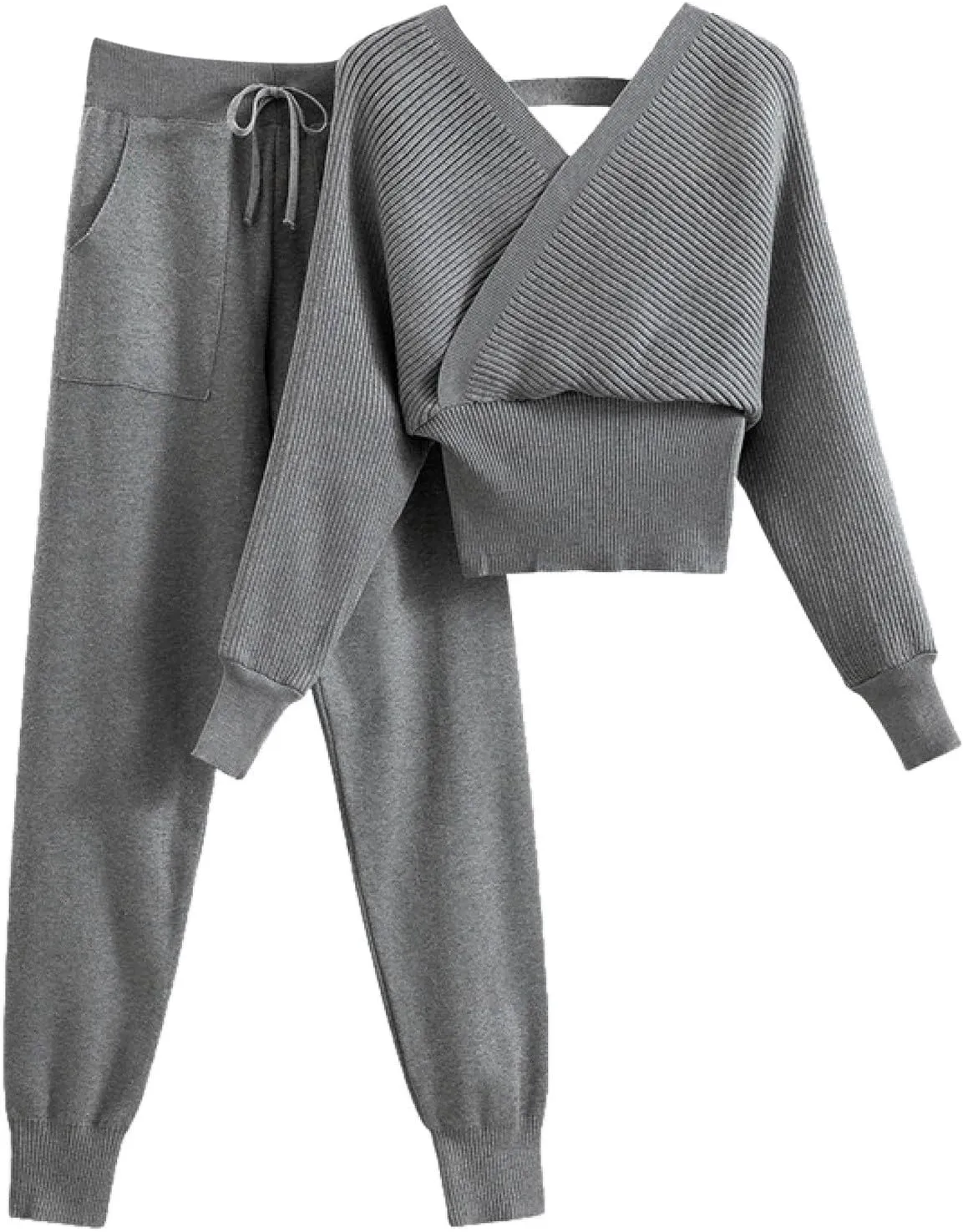 sdbrld Lounge Sets for Women,Womens Lounge Sets 2 Piece Outfits Long Sleeve Hooded Knit Sweater Wide Leg Pants Loungewear Set