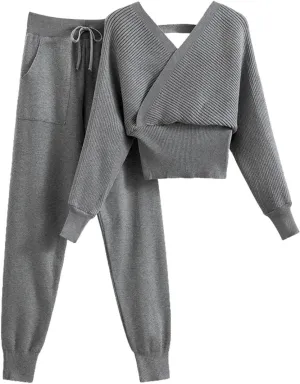 sdbrld Lounge Sets for Women,Womens Lounge Sets 2 Piece Outfits Long Sleeve Hooded Knit Sweater Wide Leg Pants Loungewear Set