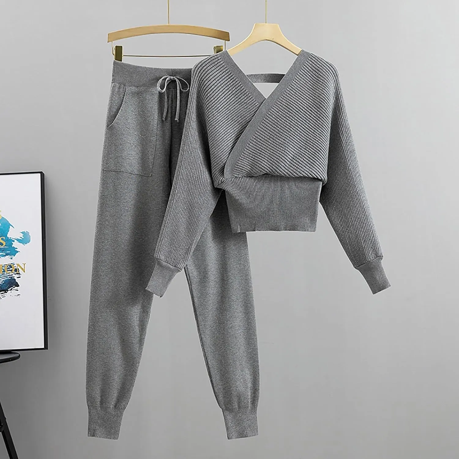 sdbrld Lounge Sets for Women,Womens Lounge Sets 2 Piece Outfits Long Sleeve Hooded Knit Sweater Wide Leg Pants Loungewear Set