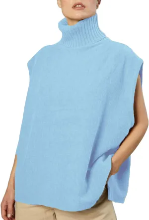 Sdencin Women Turtleneck Oversized Knitted Sweater Vest Sleeveless Split Hem Solid Loose Fit Pullover Tank Top Knitwear