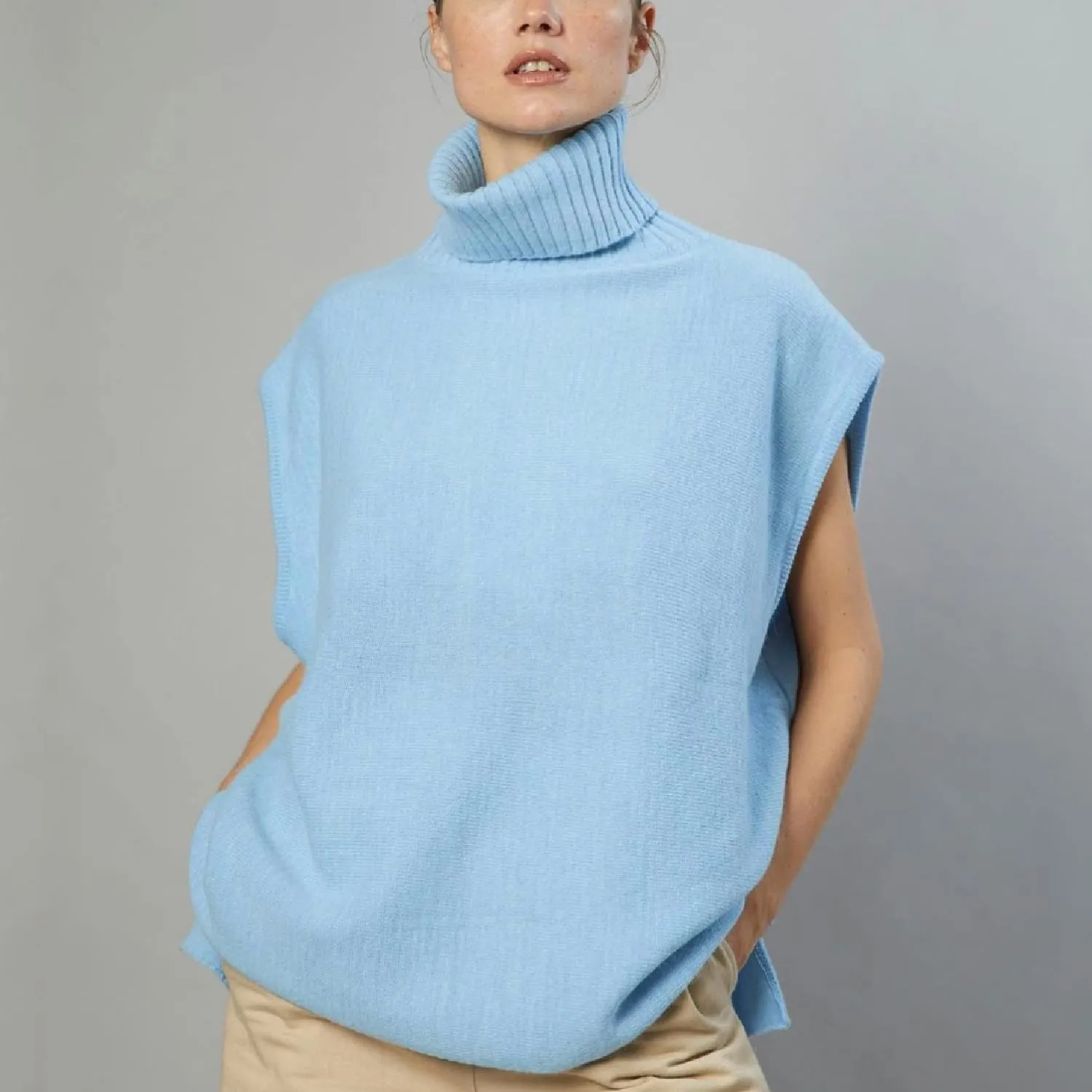 Sdencin Women Turtleneck Oversized Knitted Sweater Vest Sleeveless Split Hem Solid Loose Fit Pullover Tank Top Knitwear