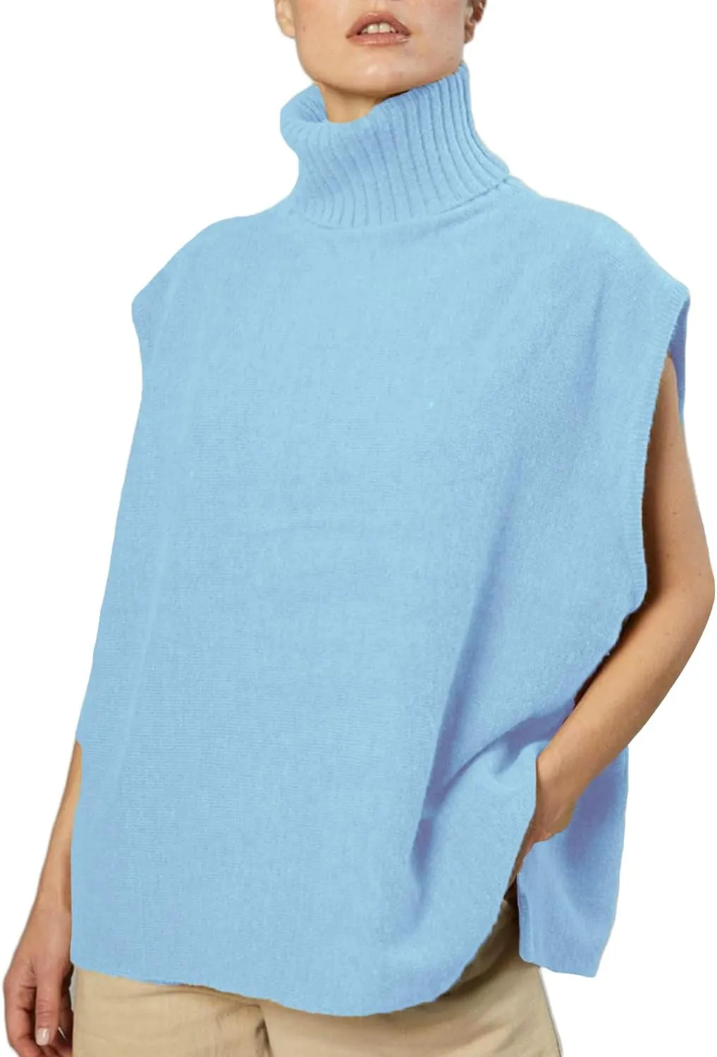 Sdencin Women Turtleneck Oversized Knitted Sweater Vest Sleeveless Split Hem Solid Loose Fit Pullover Tank Top Knitwear