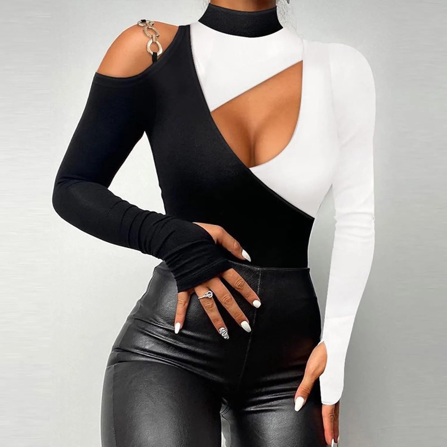Sexy Tops for Women Long Sleeve Crop Top Turtleneck Shirt Cut Out Slim Fit Basic Tops Lace Sleeves with Thumb Hole