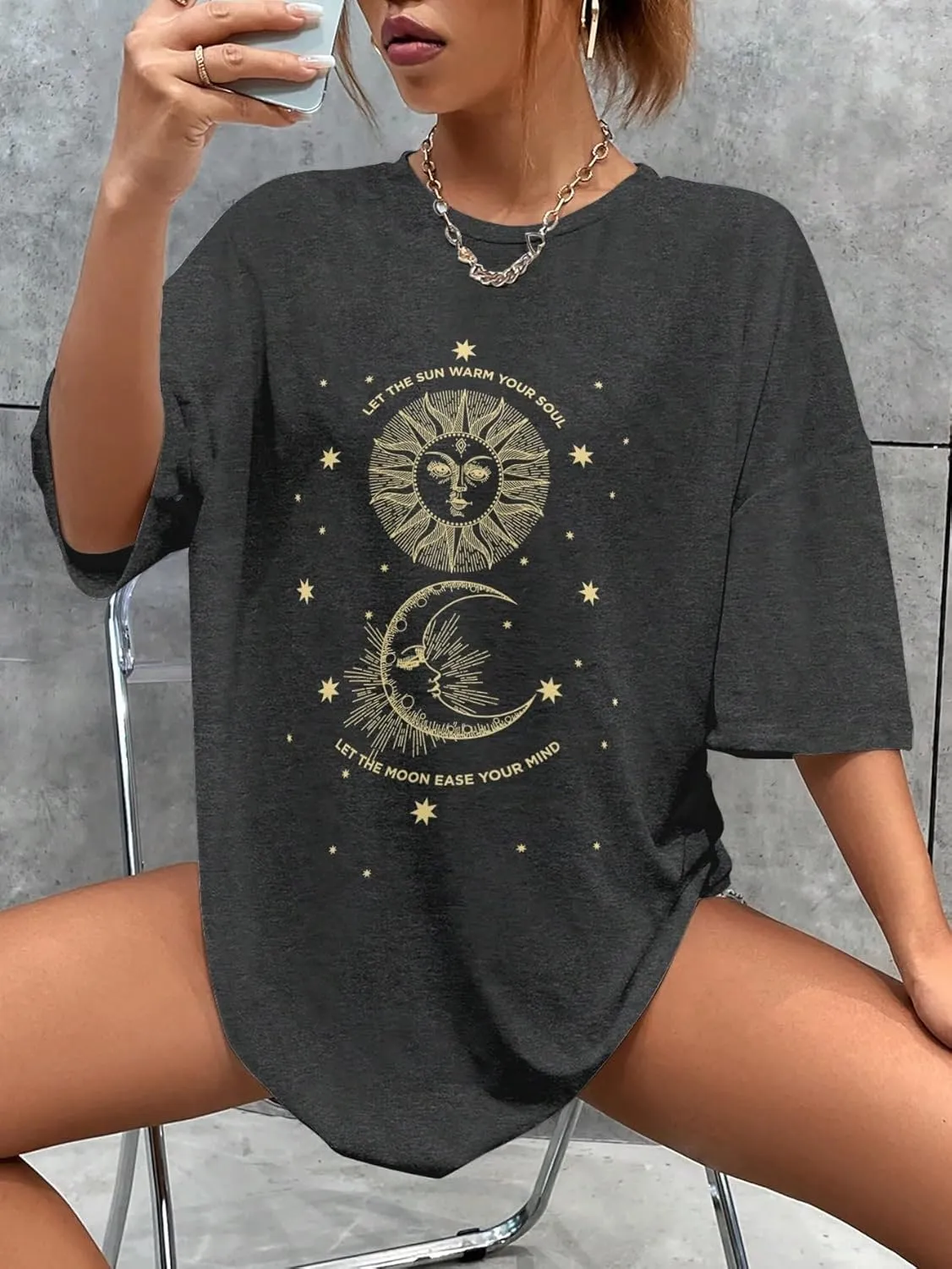 SHENHE Women's Graphic Half Sleeve Drop Shoulder Crewneck Oversized T Shirt Tops