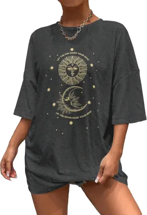 SHENHE Women's Graphic Half Sleeve Drop Shoulder Crewneck Oversized T Shirt Tops