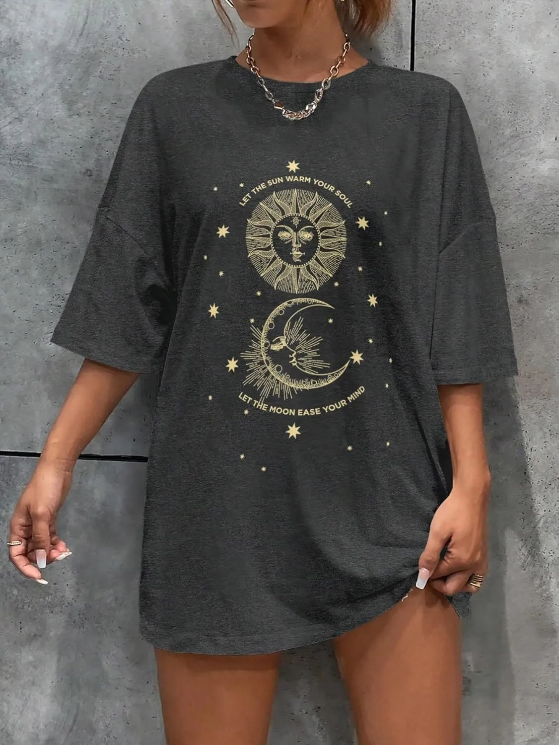 SHENHE Women's Graphic Half Sleeve Drop Shoulder Crewneck Oversized T Shirt Tops