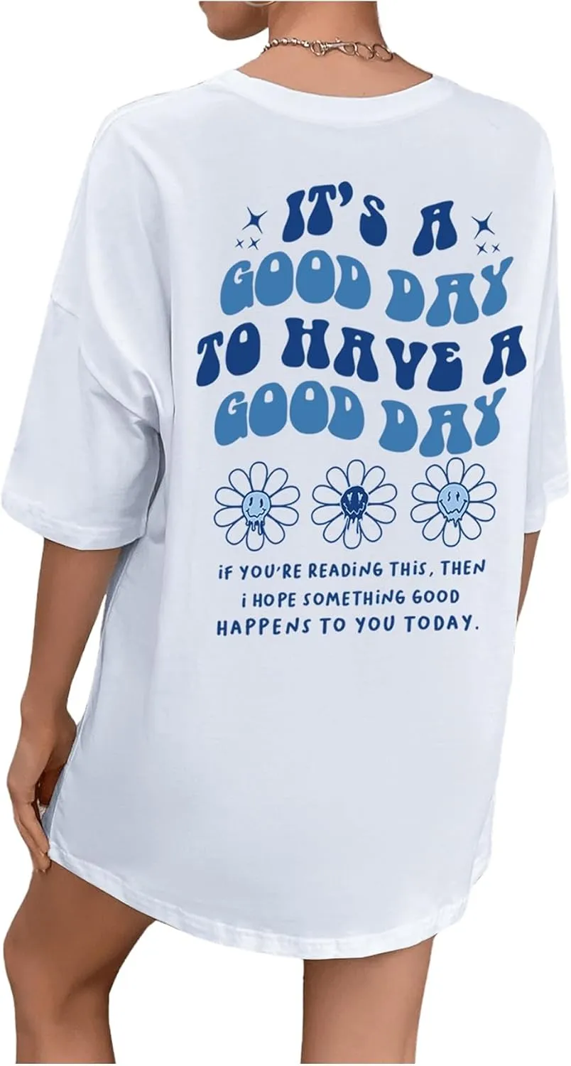 SHENHE Women's Short-Sleeve T Shirts Letter Print Oversized Top Graphic Tees Loose Casual Summer Tops