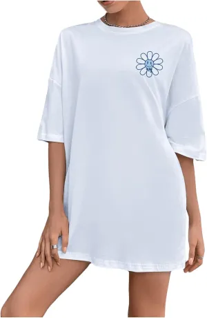 SHENHE Women's Short-Sleeve T Shirts Letter Print Oversized Top Graphic Tees Loose Casual Summer Tops