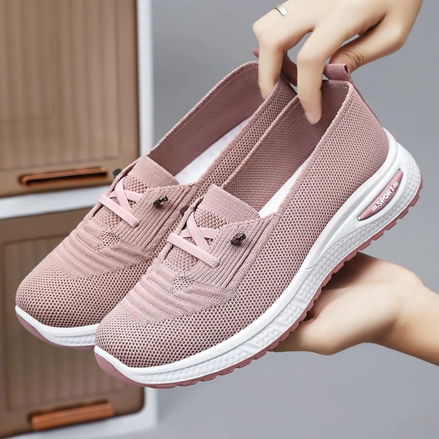 Slip On Orthopedic Shoes for Women Breathable Slip On Arch Support Non-Slip Sneakers Mesh Knitted Woven Low Top Walking Shoes Wide Width Soft Sole Shoe