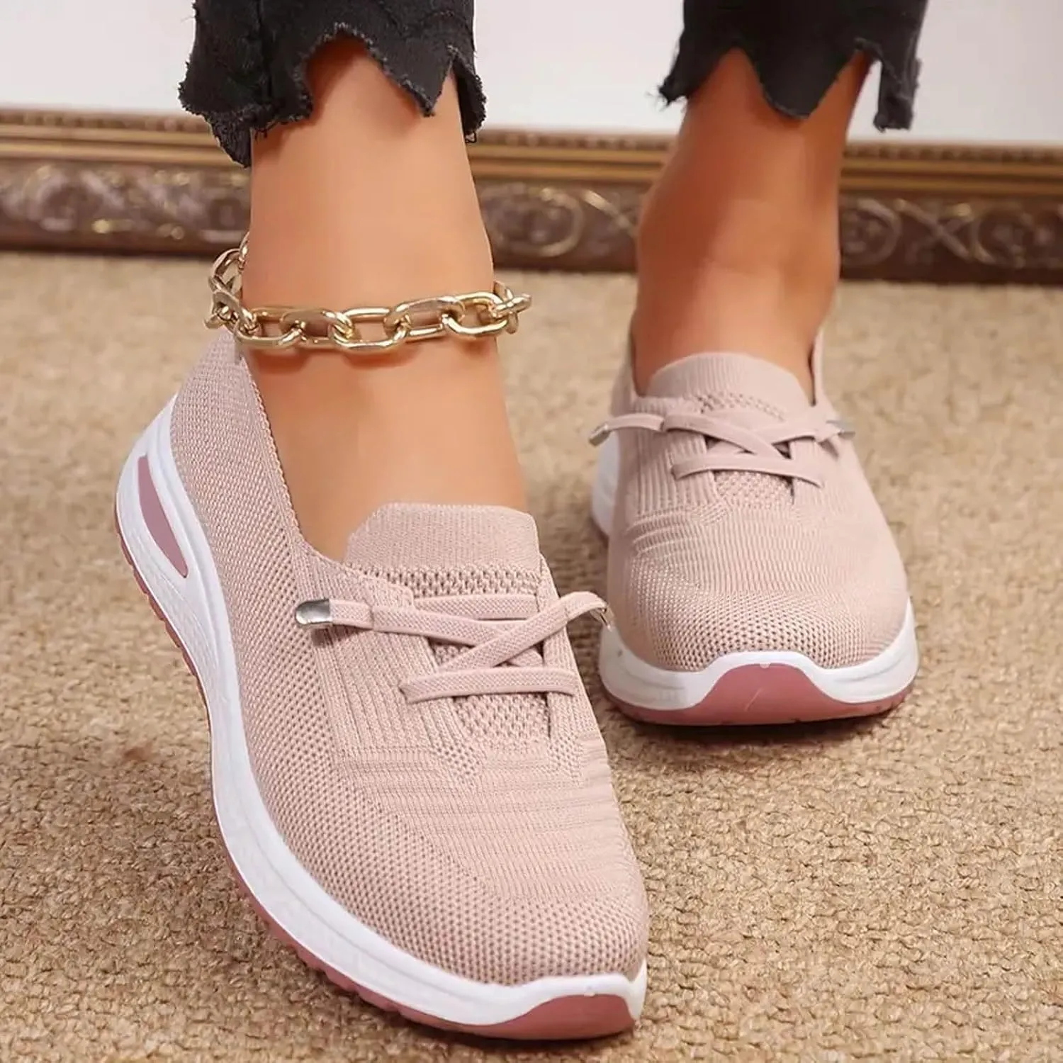 Slip On Orthopedic Shoes for Women Breathable Slip On Arch Support Non-Slip Sneakers Mesh Knitted Woven Low Top Walking Shoes Wide Width Soft Sole Shoe