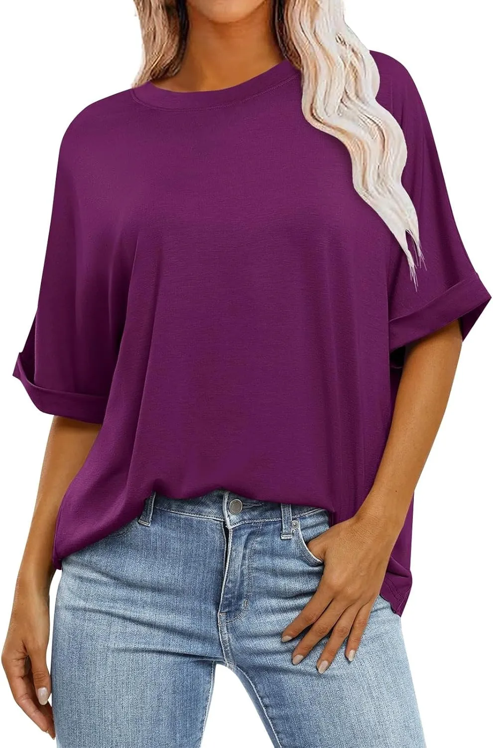 slqdgmryz Oversized Tshirts for Women Crew Neck Half Sleeve Tops Summer Loose Elbow Length Tee Shirts Business Casual Blouses