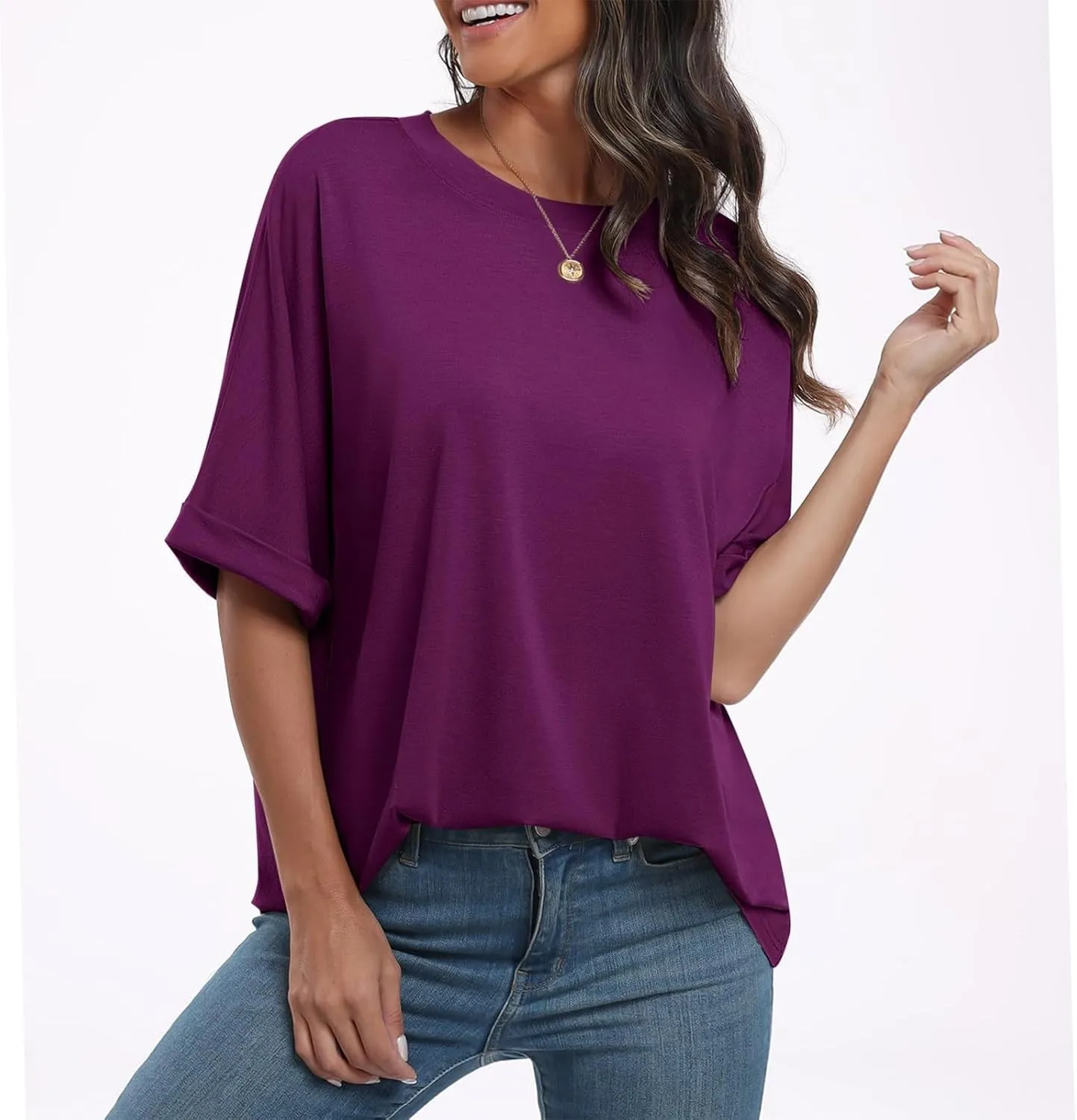 slqdgmryz Oversized Tshirts for Women Crew Neck Half Sleeve Tops Summer Loose Elbow Length Tee Shirts Business Casual Blouses