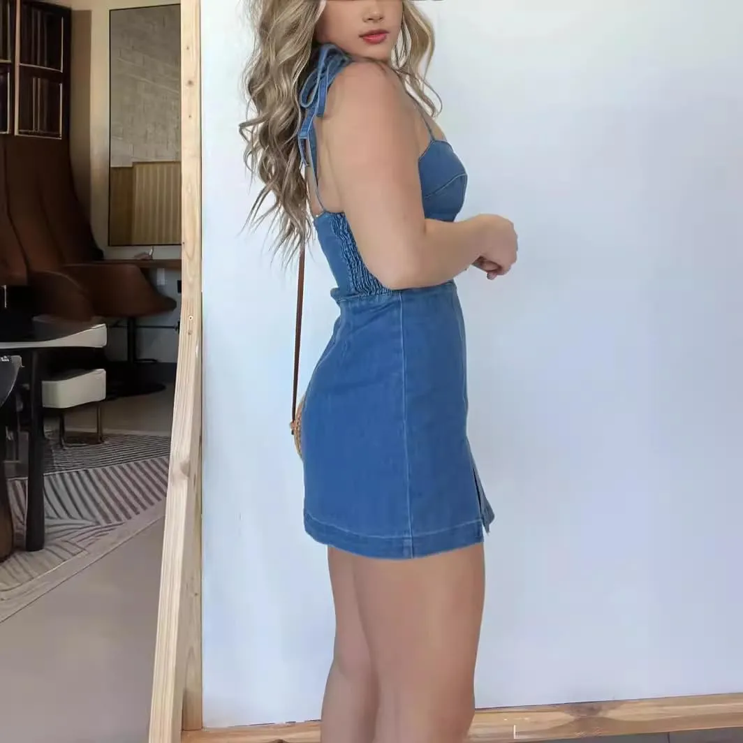 Strappy Denim Zipper Dress,Women's Slim Fit Camisole Denim Dress Summer Fashionable Solid Color Hip Wrap Skirt