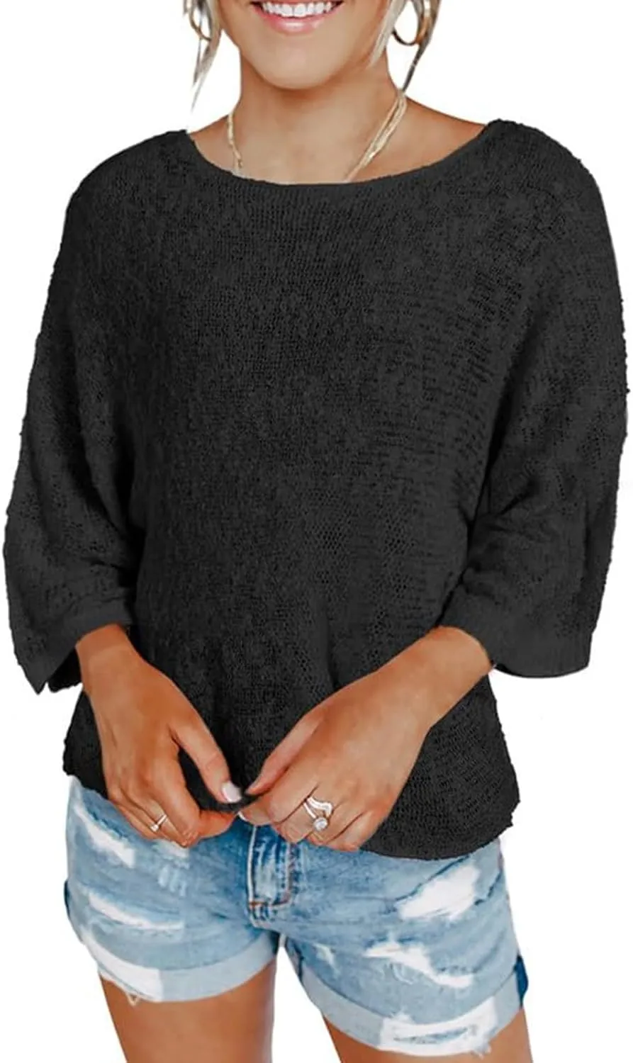 Striped Cable Knit Sweater - Women's Fall Sweaters with 3/4 Sleeves
