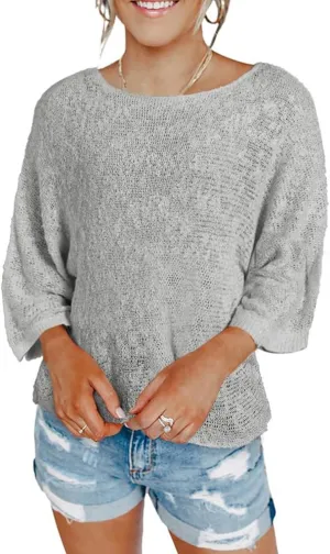 Striped Cable Knit Sweater - Women's Fall Sweaters with 3/4 Sleeves
