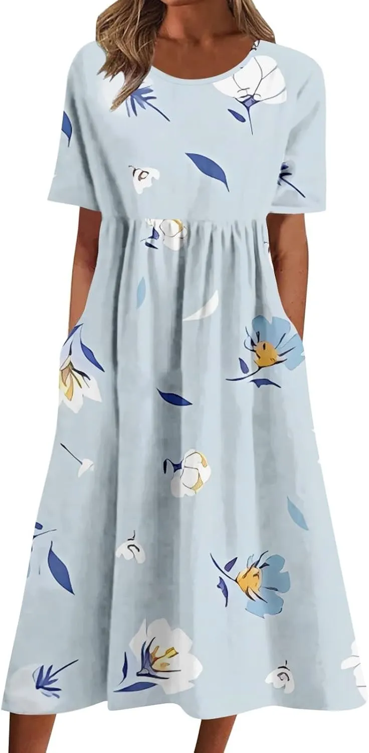 Summer Dresses for Women 2025 Casual Short Sleeve Floral Tshirt Dress Loose Boho Flowy Long Dresses with Pockets