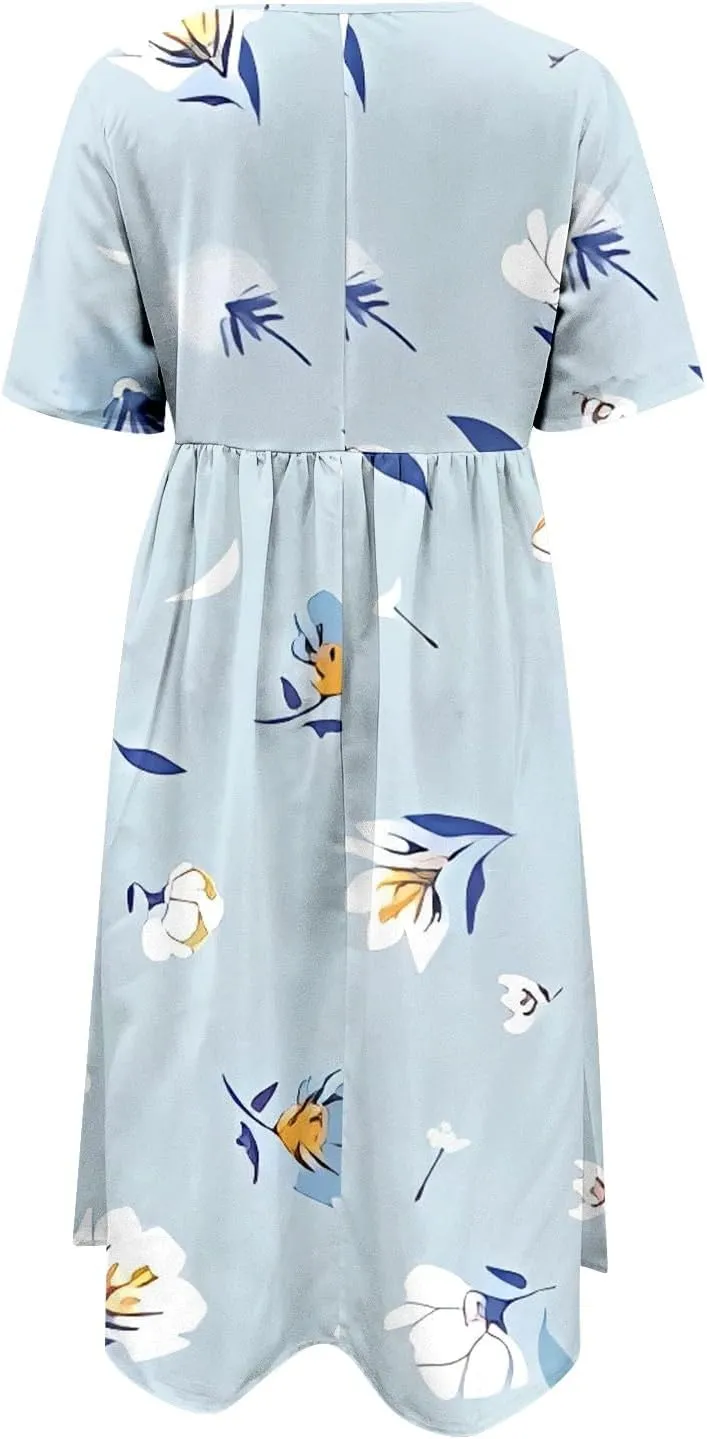 Summer Dresses for Women 2025 Casual Short Sleeve Floral Tshirt Dress Loose Boho Flowy Long Dresses with Pockets
