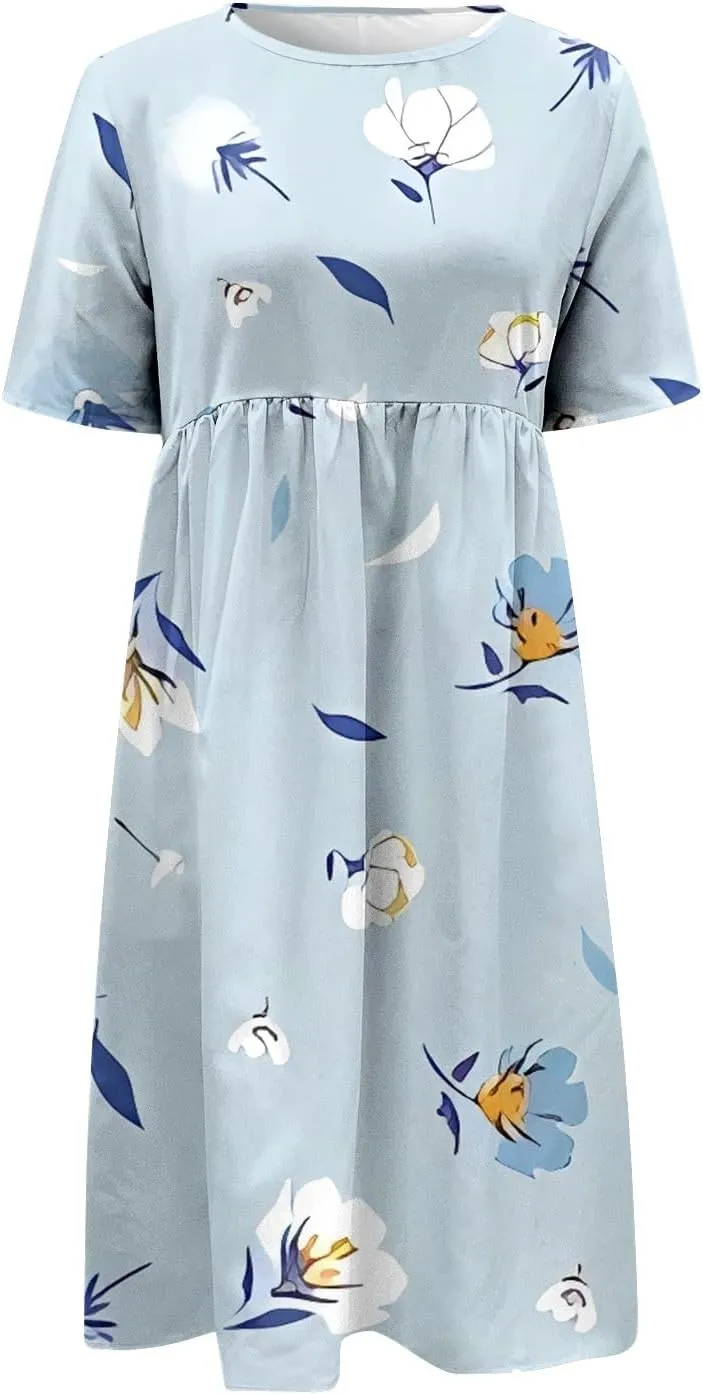 Summer Dresses for Women 2025 Casual Short Sleeve Floral Tshirt Dress Loose Boho Flowy Long Dresses with Pockets