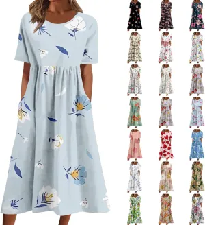 Summer Dresses for Women 2025 Casual Short Sleeve Floral Tshirt Dress Loose Boho Flowy Long Dresses with Pockets