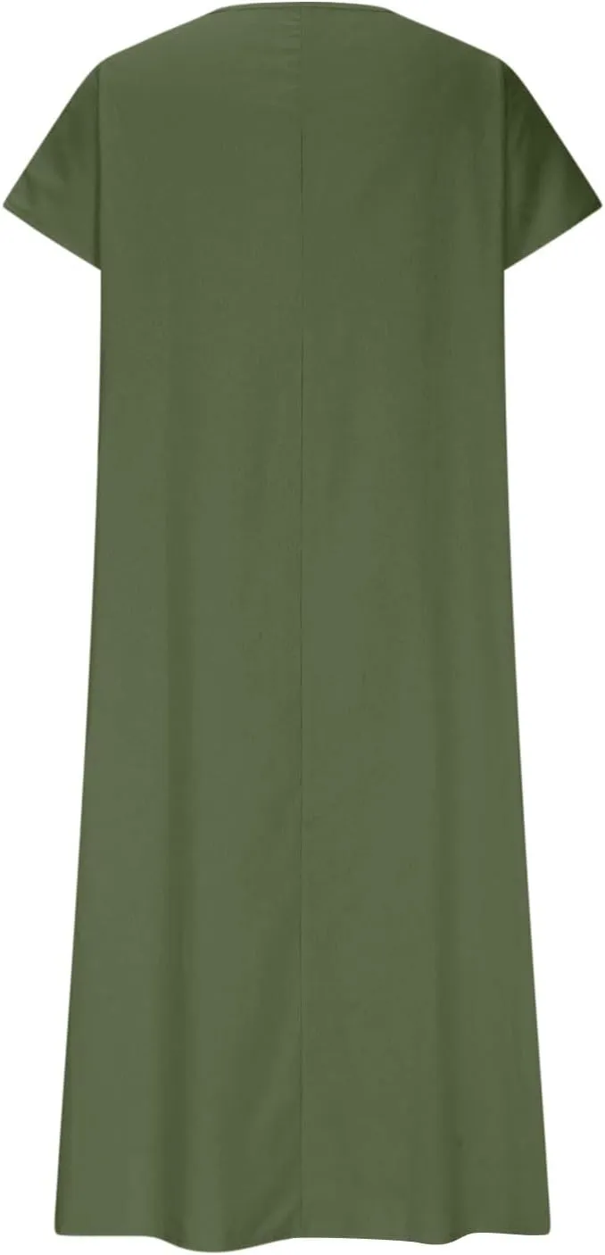 Summer Dresses for Women 2025 Flowy Trendy Casual Cotton Linen Dresses Beach Short Sleeve Vacation Maxi Sundresses