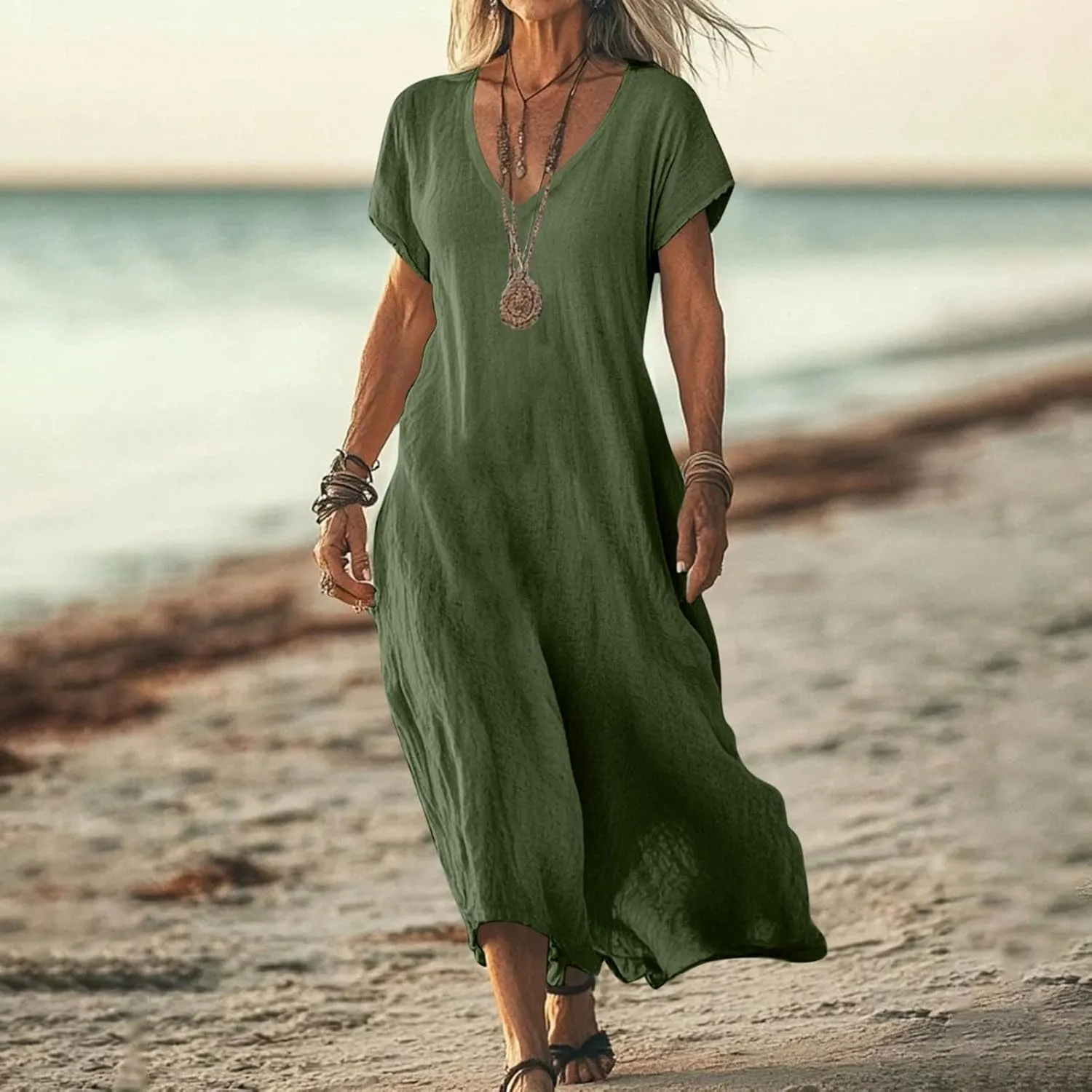 Summer Dresses for Women 2025 Flowy Trendy Casual Cotton Linen Dresses Beach Short Sleeve Vacation Maxi Sundresses