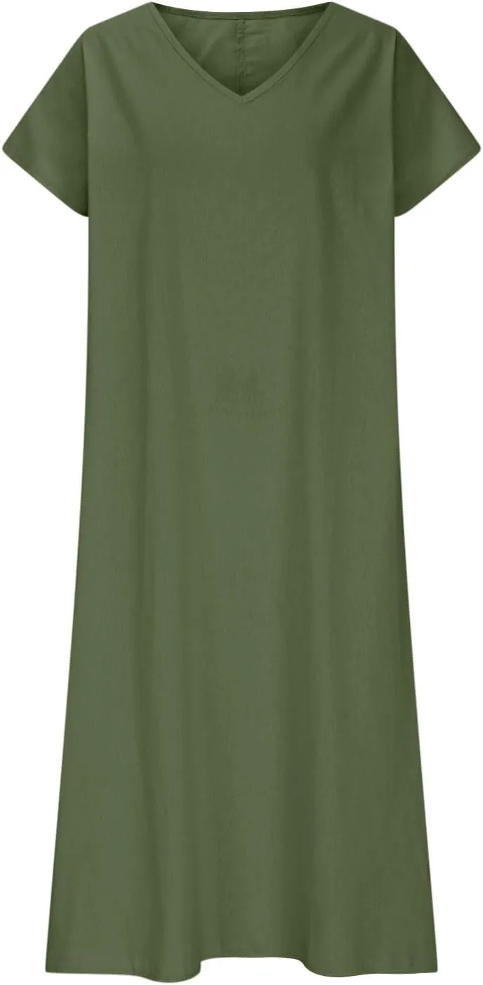 Summer Dresses for Women 2025 Flowy Trendy Casual Cotton Linen Dresses Beach Short Sleeve Vacation Maxi Sundresses