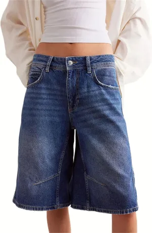 Sunloudy Womens Trendy Knee Length Denim Short Low Waisted Stretchy Bermuda Jean Shorts Baggy Cargo Jorts