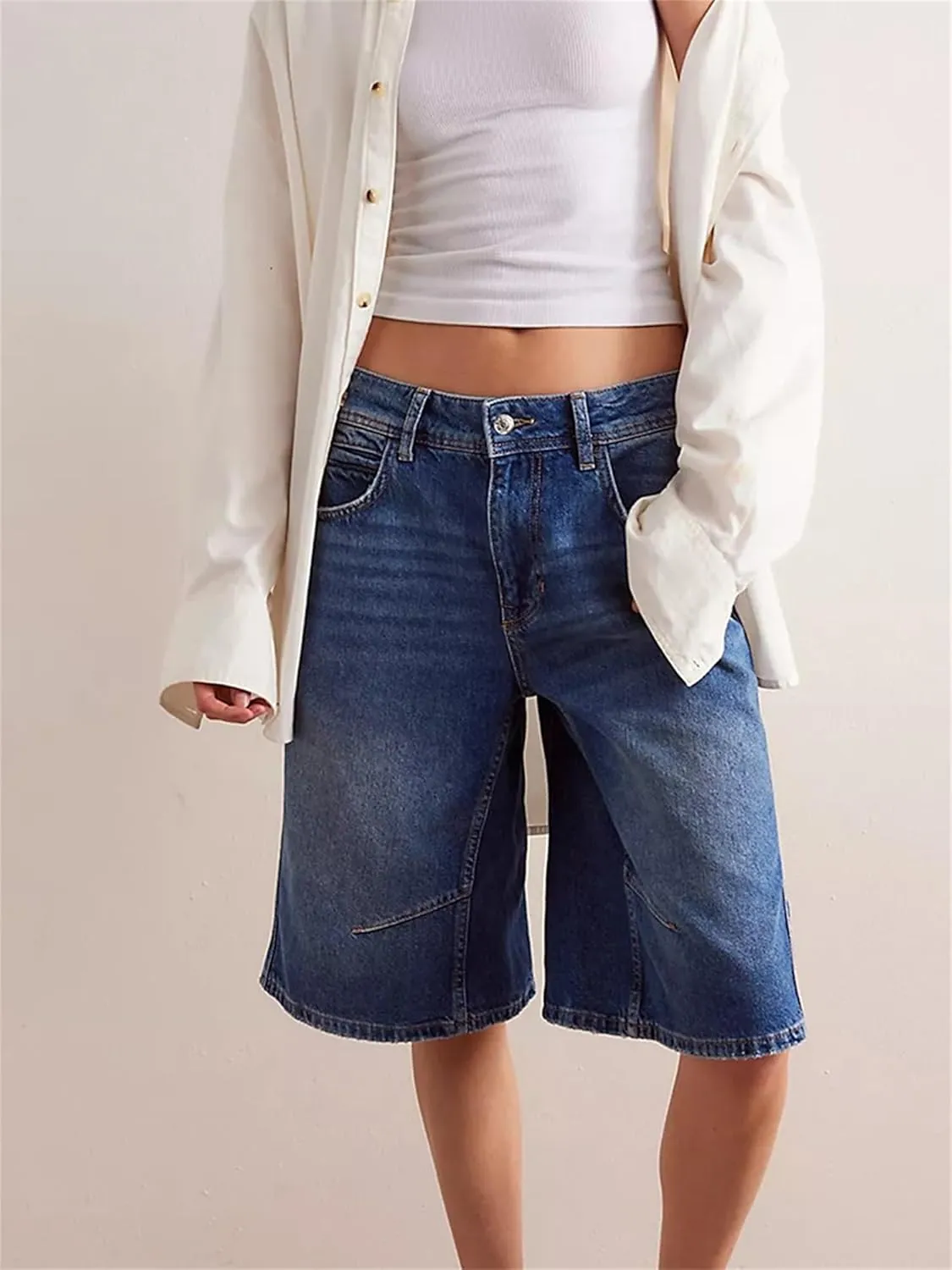 Sunloudy Womens Trendy Knee Length Denim Short Low Waisted Stretchy Bermuda Jean Shorts Baggy Cargo Jorts