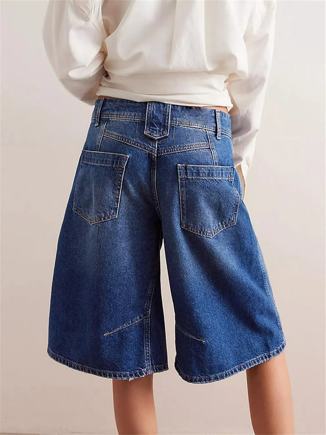 Sunloudy Womens Trendy Knee Length Denim Short Low Waisted Stretchy Bermuda Jean Shorts Baggy Cargo Jorts
