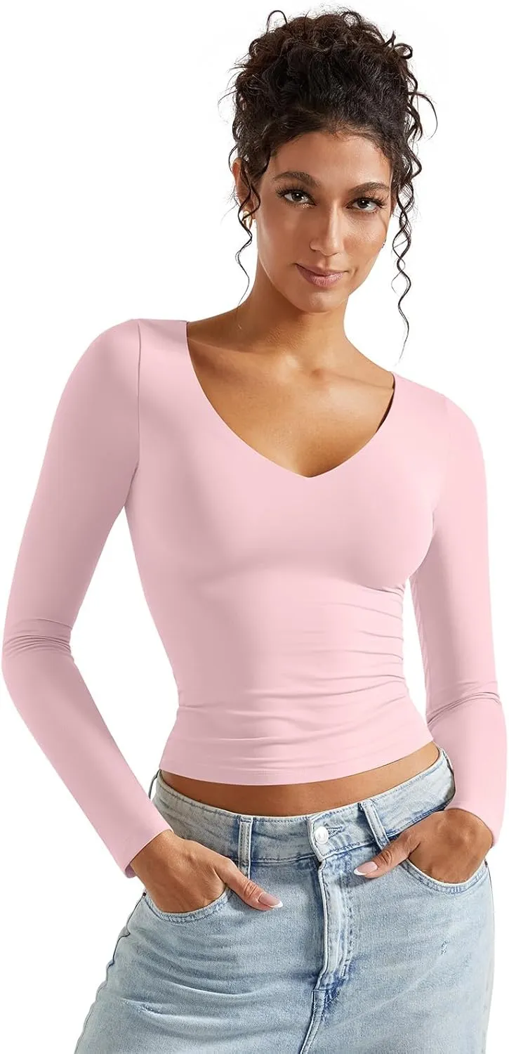 SUUKSESS Women Double Lined Casual V Neck Crop Tank Tops Basic Long Sleeve Shirts