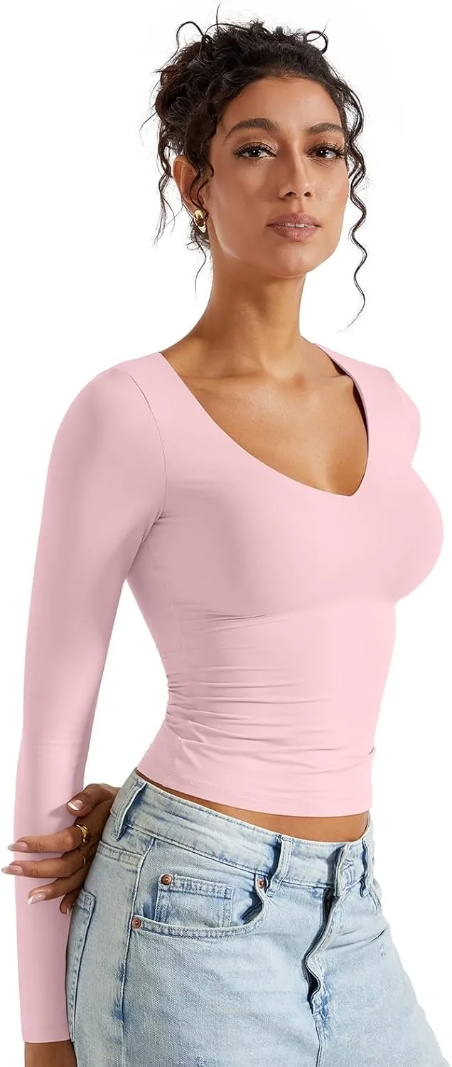 SUUKSESS Women Double Lined Casual V Neck Crop Tank Tops Basic Long Sleeve Shirts