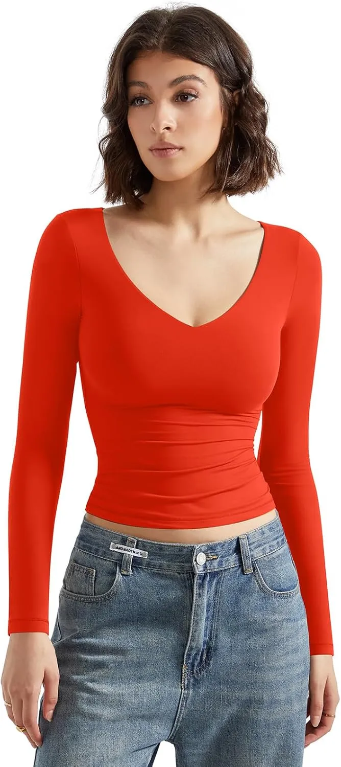 SUUKSESS Women Double Lined Casual V Neck Crop Tank Tops Basic Long Sleeve Shirts