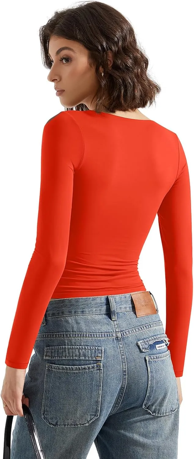 SUUKSESS Women Double Lined Casual V Neck Crop Tank Tops Basic Long Sleeve Shirts
