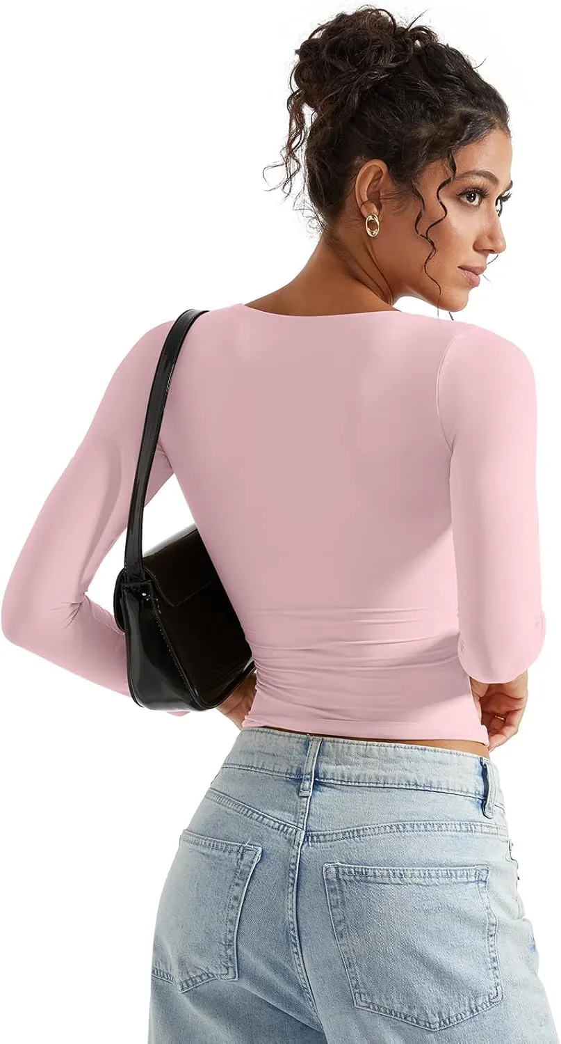 SUUKSESS Women Double Lined Casual V Neck Crop Tank Tops Basic Long Sleeve Shirts