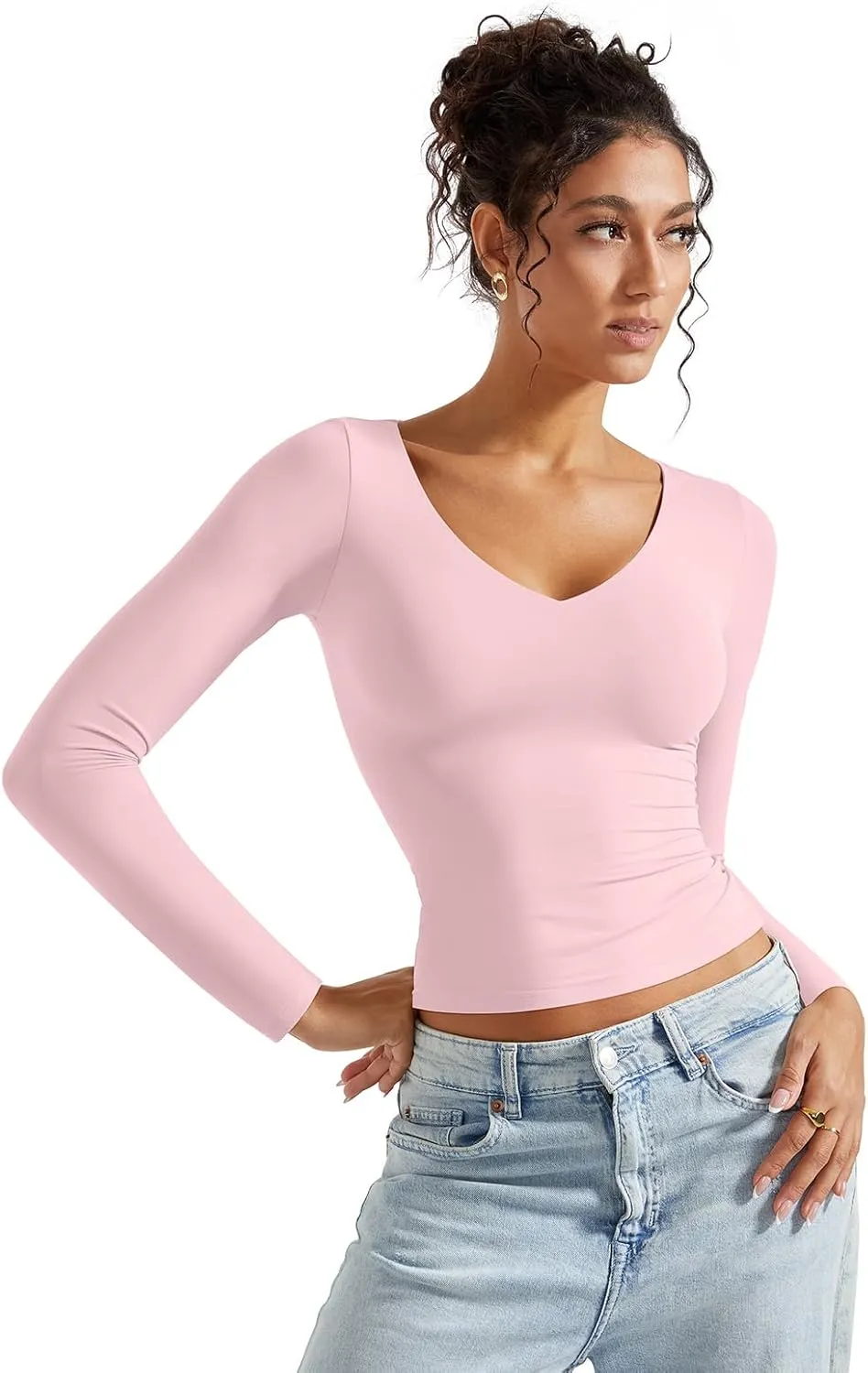 SUUKSESS Women Double Lined Casual V Neck Crop Tank Tops Basic Long Sleeve Shirts