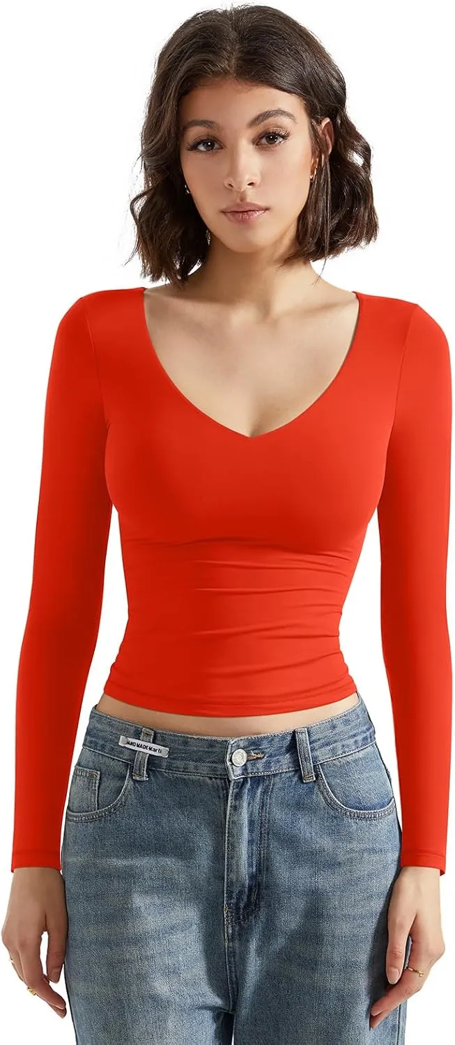 SUUKSESS Women Double Lined Casual V Neck Crop Tank Tops Basic Long Sleeve Shirts
