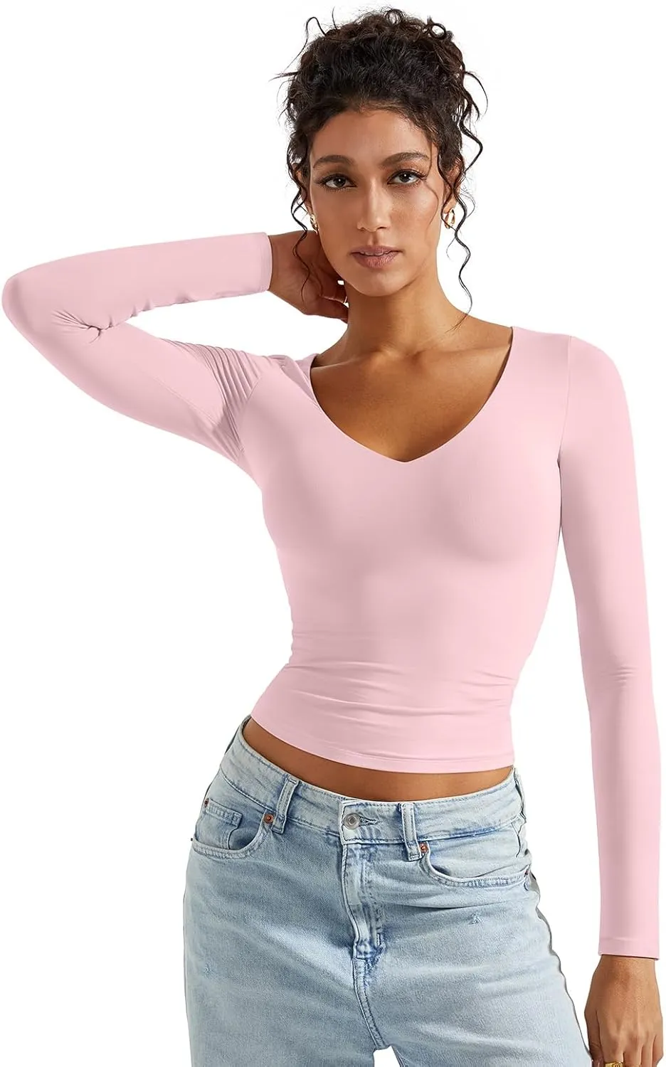 SUUKSESS Women Double Lined Casual V Neck Crop Tank Tops Basic Long Sleeve Shirts