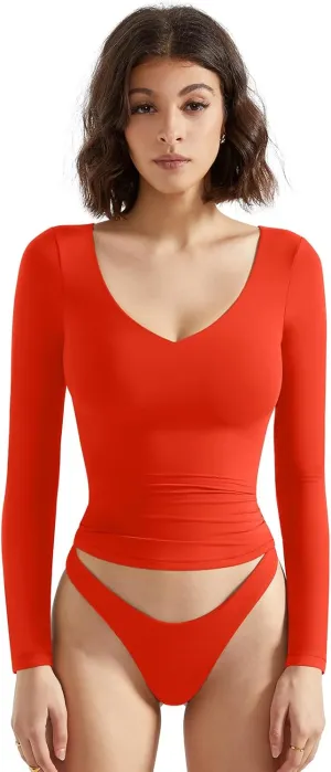 SUUKSESS Women Double Lined Casual V Neck Crop Tank Tops Basic Long Sleeve Shirts
