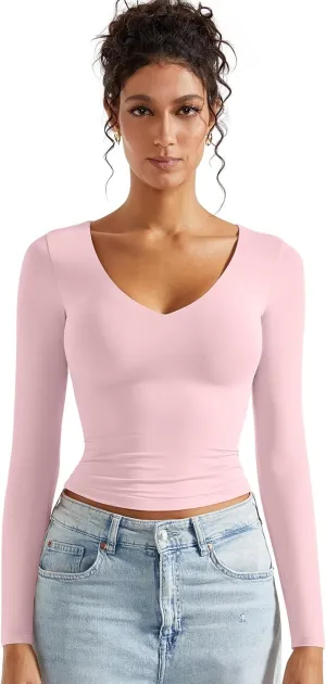 SUUKSESS Women Double Lined Casual V Neck Crop Tank Tops Basic Long Sleeve Shirts