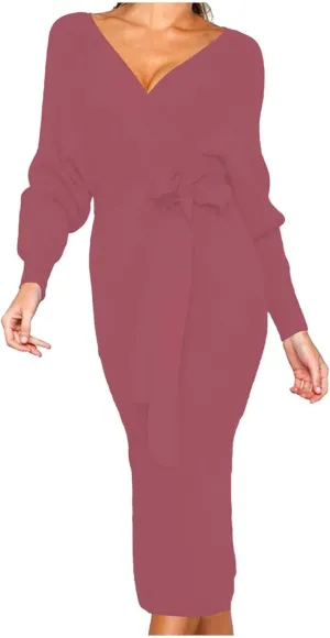 Sweater Dresses for Women Sexy V Neck Cable Knit Dresses Bodycon Slit Midi Dress with Belt Trendy Pullover Sweater