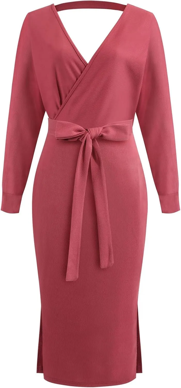 Sweater Dresses for Women Sexy V Neck Cable Knit Dresses Bodycon Slit Midi Dress with Belt Trendy Pullover Sweater