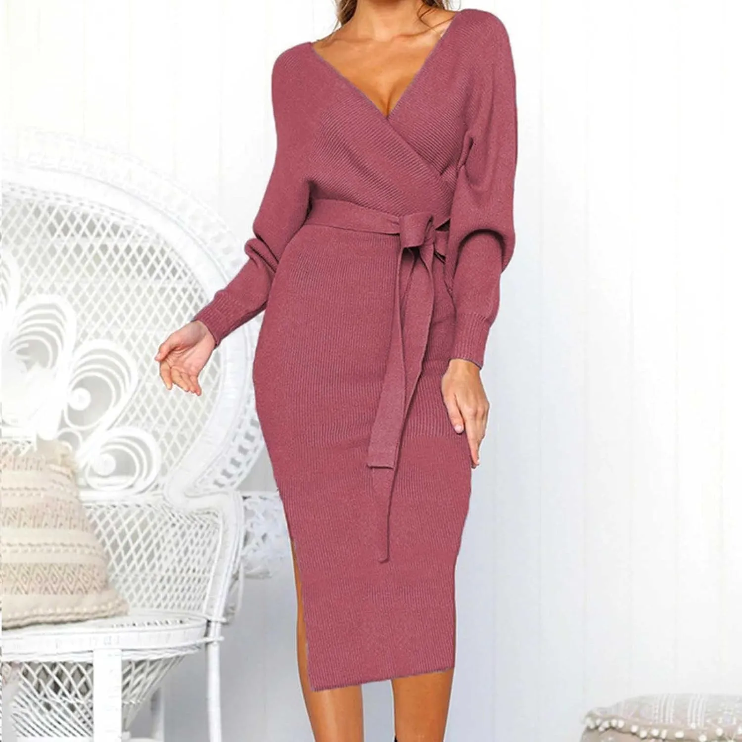 Sweater Dresses for Women Sexy V Neck Cable Knit Dresses Bodycon Slit Midi Dress with Belt Trendy Pullover Sweater