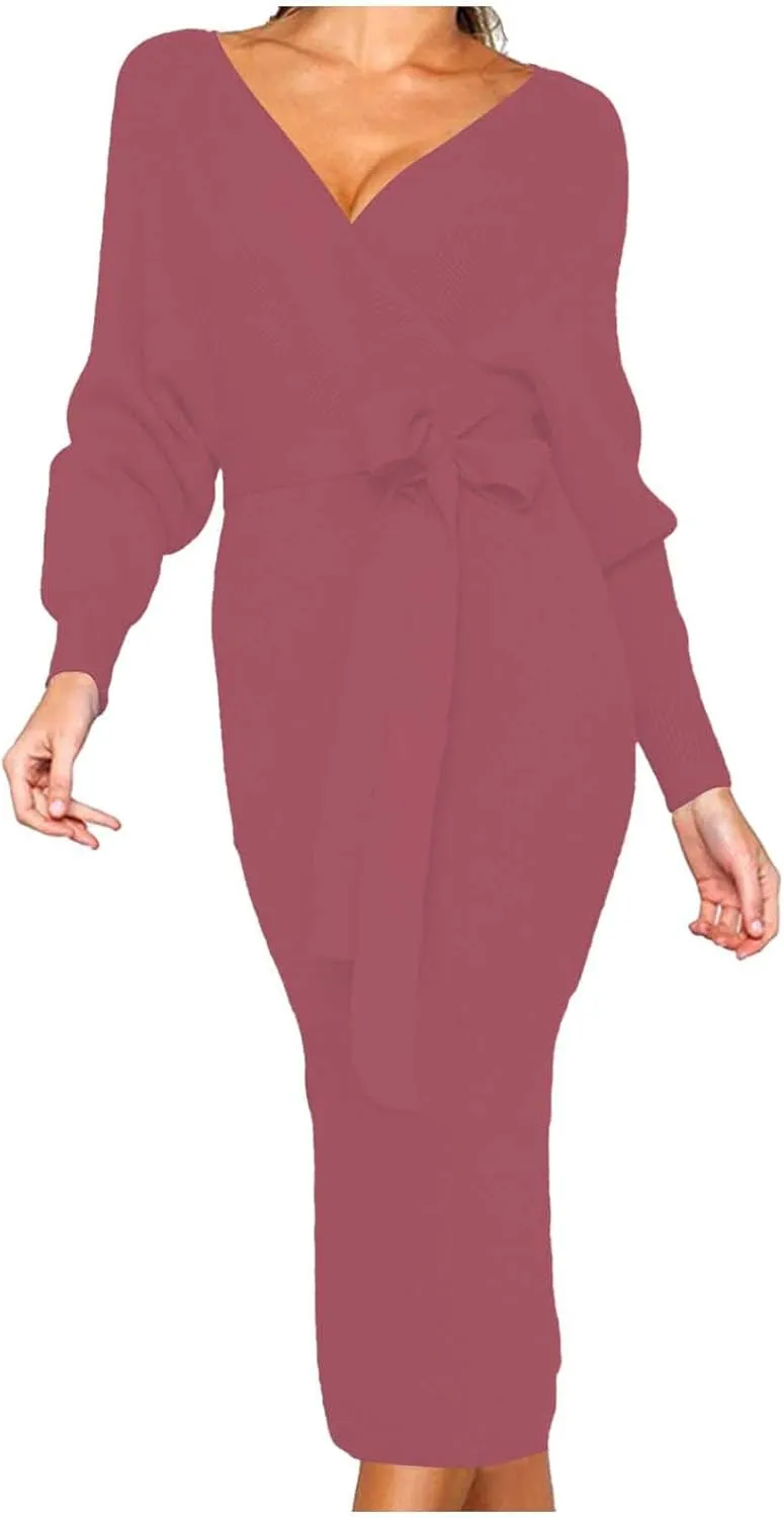 Sweater Dresses for Women Sexy V Neck Cable Knit Dresses Bodycon Slit Midi Dress with Belt Trendy Pullover Sweater