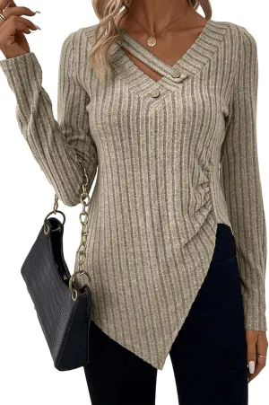SweatyRocks Women's Long Sleeve V Neck Tee Knit Top Tee Button Detail Asymmetrical Hem Pullover T Shirt