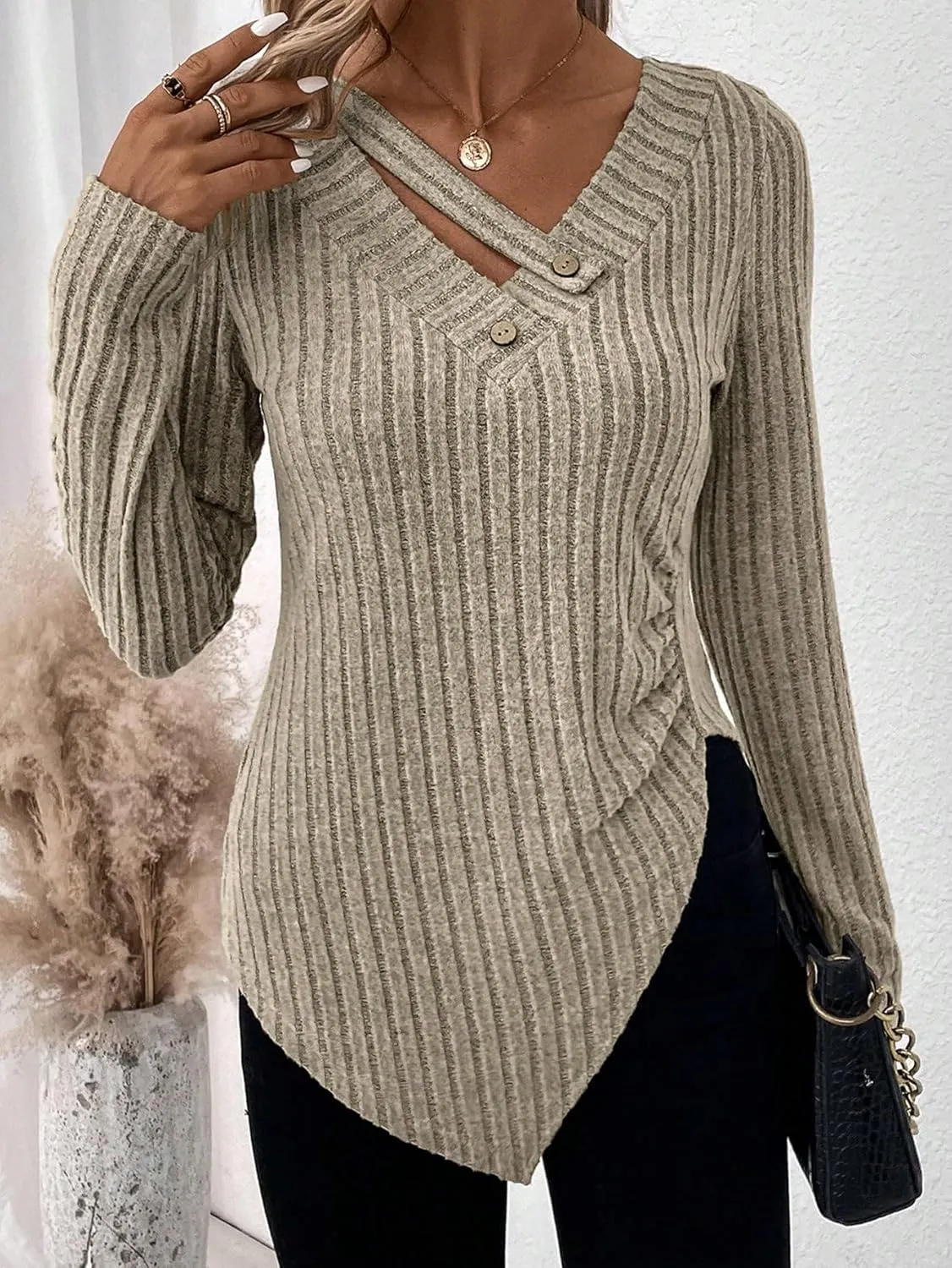 SweatyRocks Women's Long Sleeve V Neck Tee Knit Top Tee Button Detail Asymmetrical Hem Pullover T Shirt