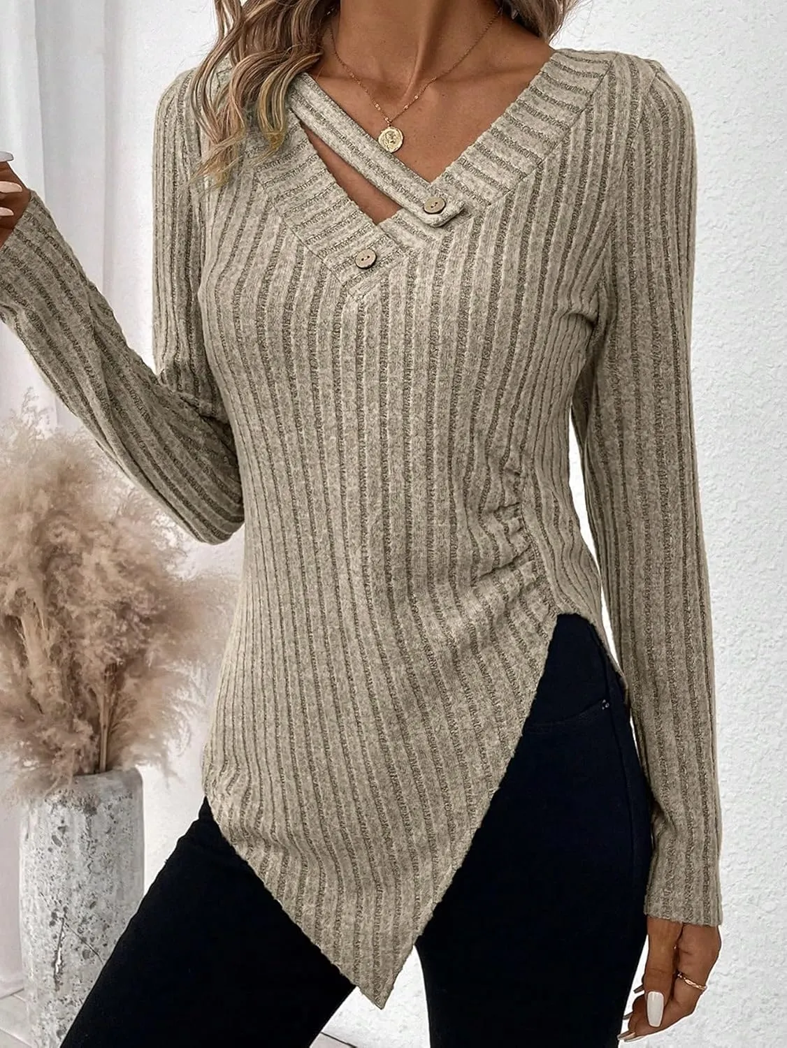 SweatyRocks Women's Long Sleeve V Neck Tee Knit Top Tee Button Detail Asymmetrical Hem Pullover T Shirt