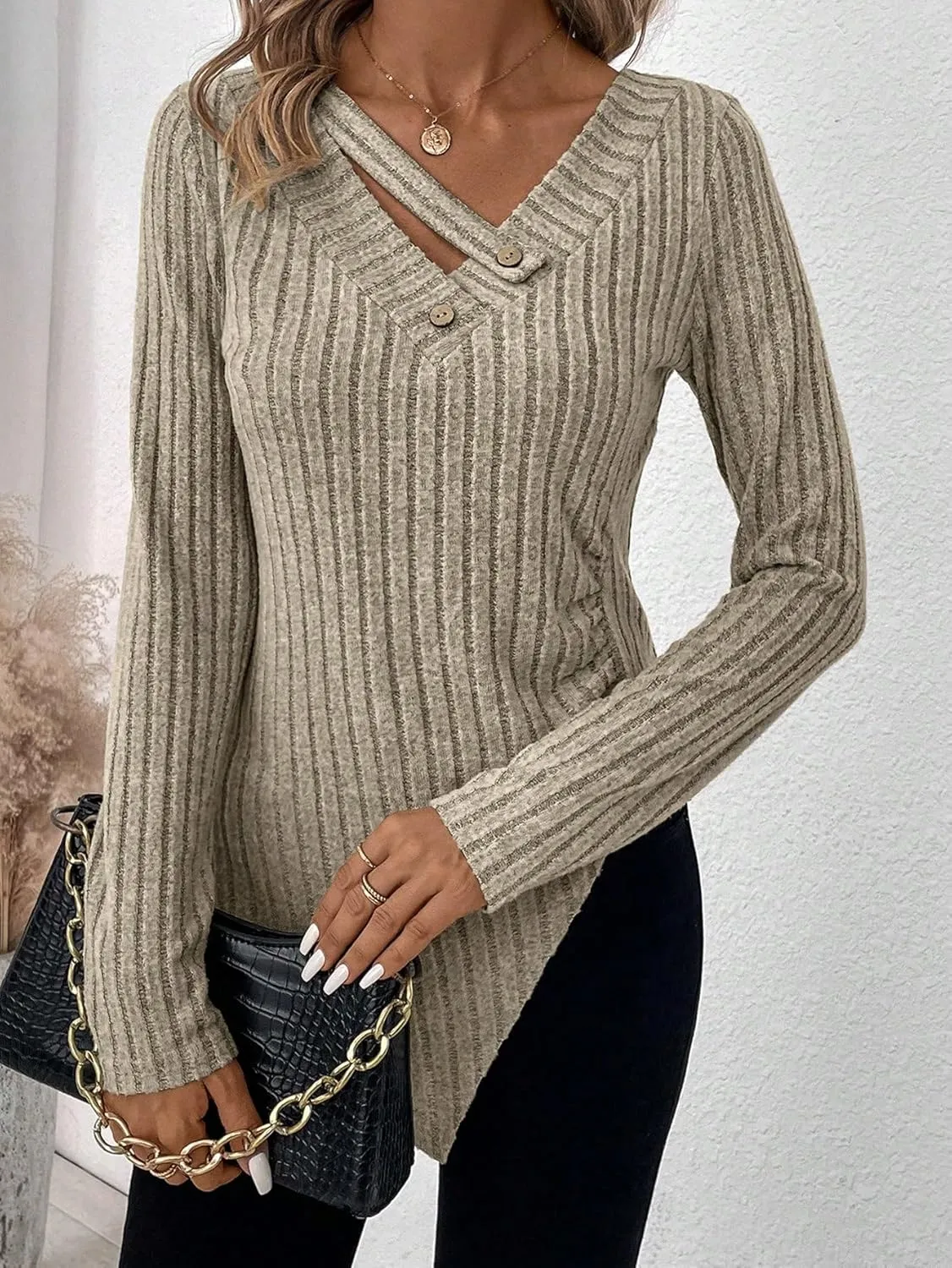 SweatyRocks Women's Long Sleeve V Neck Tee Knit Top Tee Button Detail Asymmetrical Hem Pullover T Shirt
