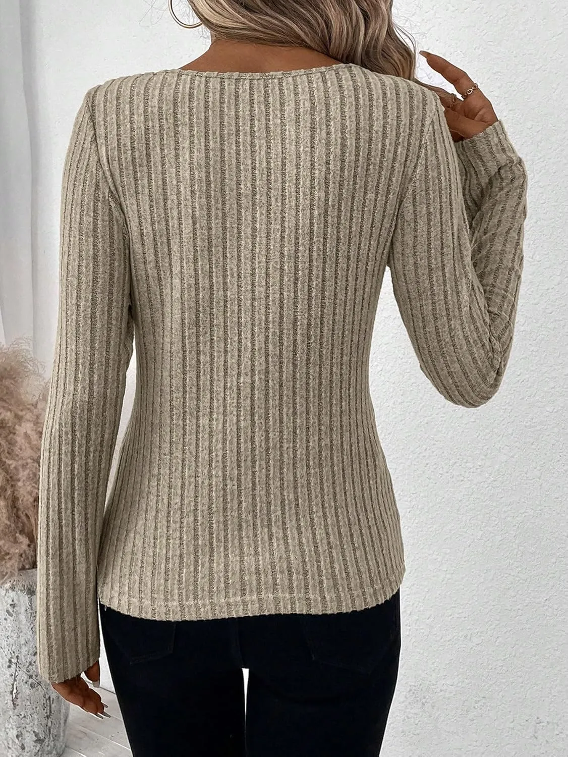 SweatyRocks Women's Long Sleeve V Neck Tee Knit Top Tee Button Detail Asymmetrical Hem Pullover T Shirt